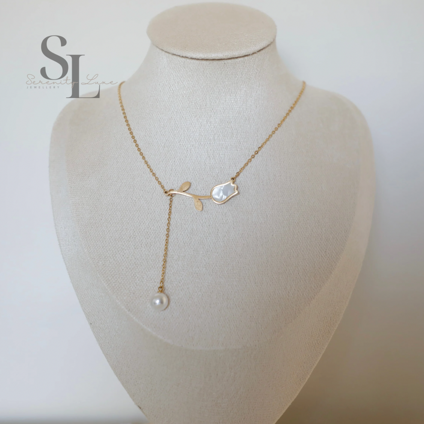 Horizontal Rose Pendant Pearl Charm Rosalie Necklace